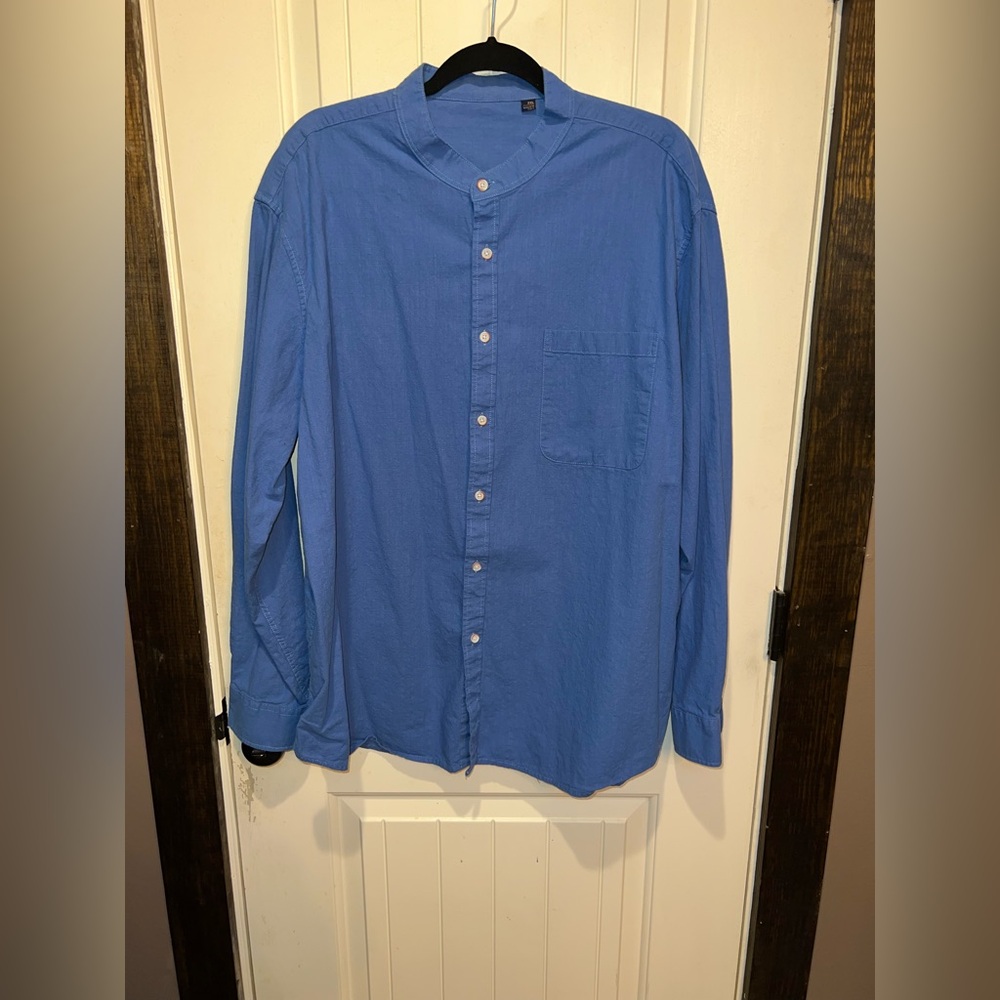 Men's Collarless Blue Button-Up Shirt